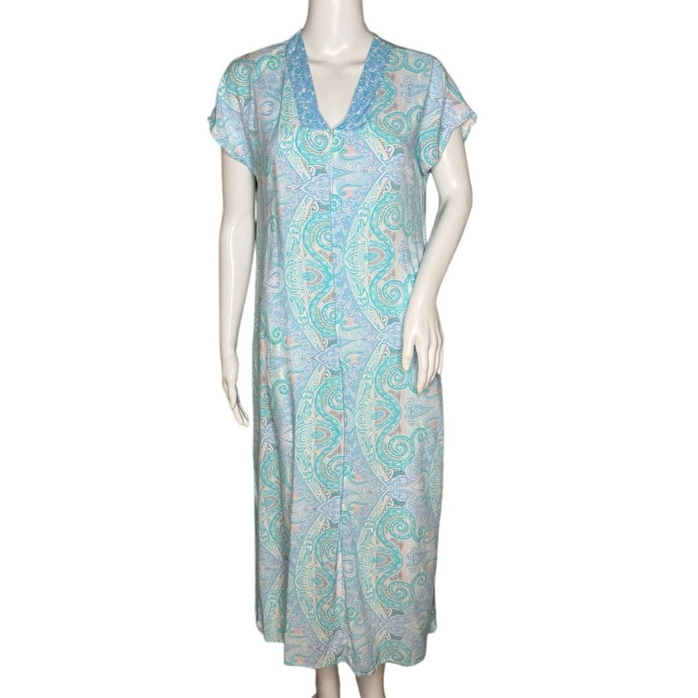 Miss Elaine Housecoat‎ Womens Small White Blue Paisley Lightweight Summer Lounge